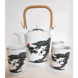Vintage Set Asian Porcelain Tea Pot & 3 Cups Cranes Bamboo Handle CATHAY